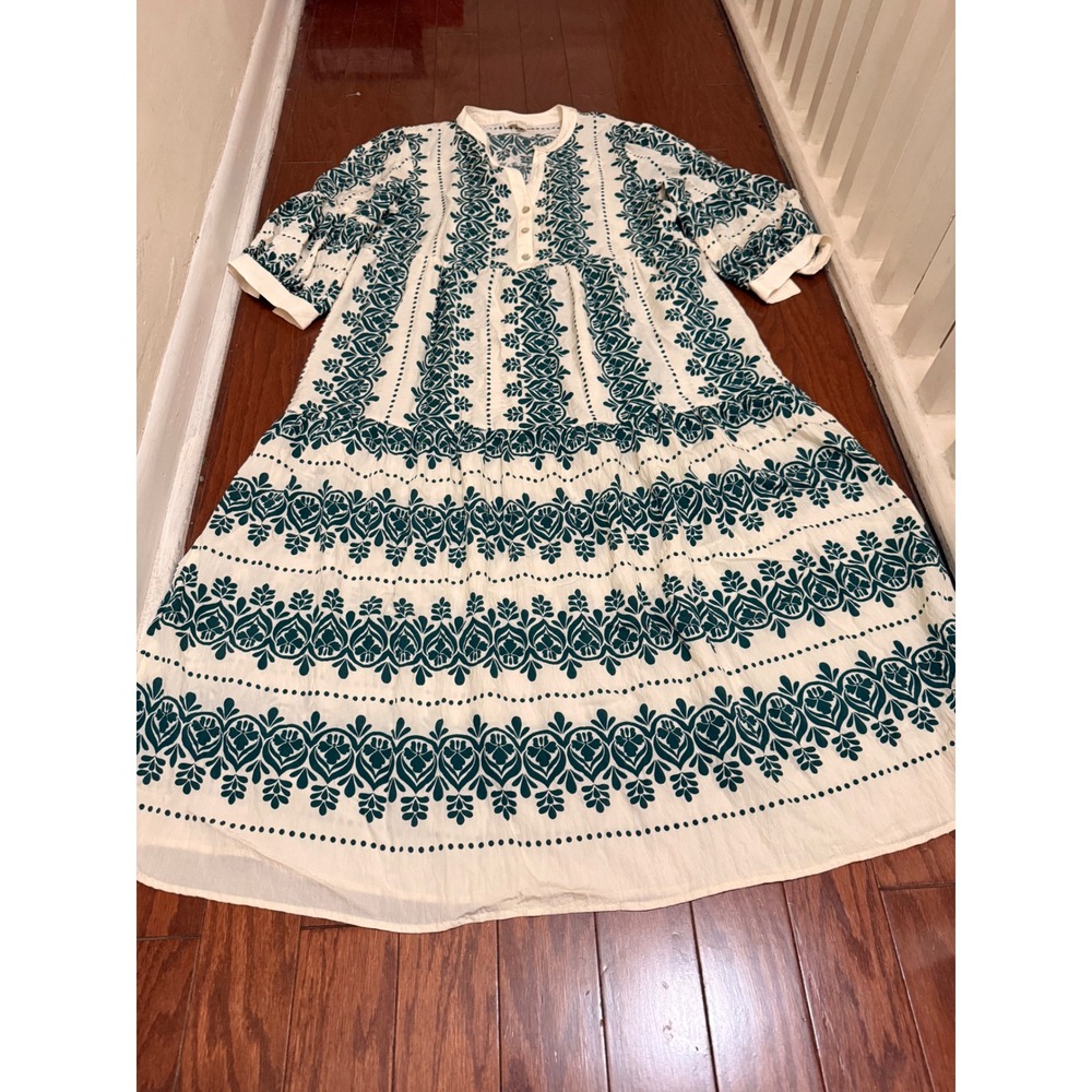 Anthropologie Fig + Flower Green White Damask Tiered Midi Dress Womens Medium